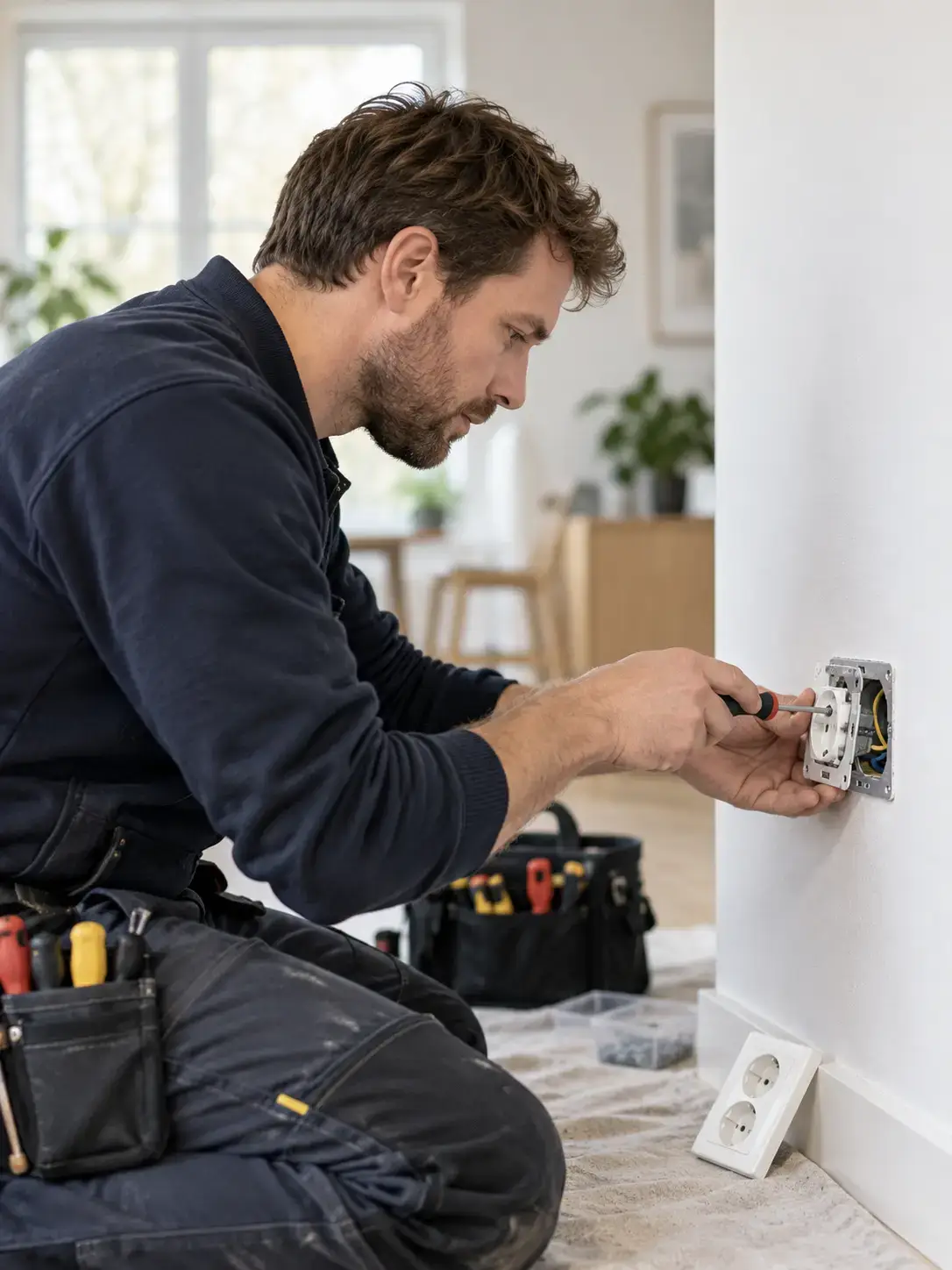 Elektriker som monterar ett vägguttag