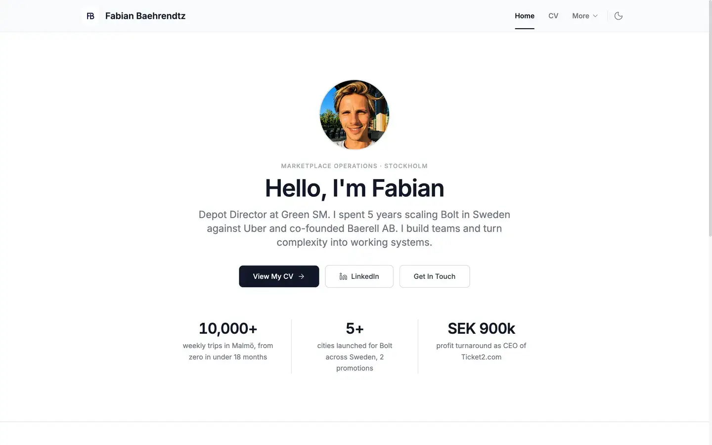 Startsidan för fabianbaehrendtz.se i ett webbläsarfönster