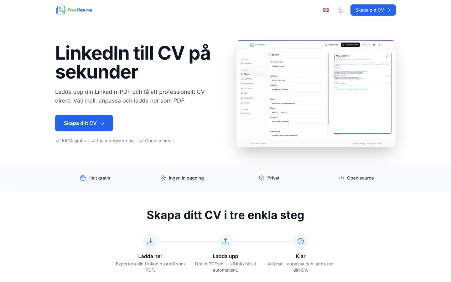 Startsidan för Free Resume i ett webbläsarfönster
