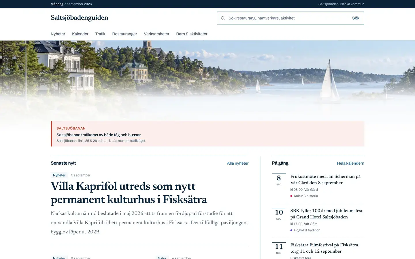 Startsidan för Saltsjöbadenguiden i ett webbläsarfönster