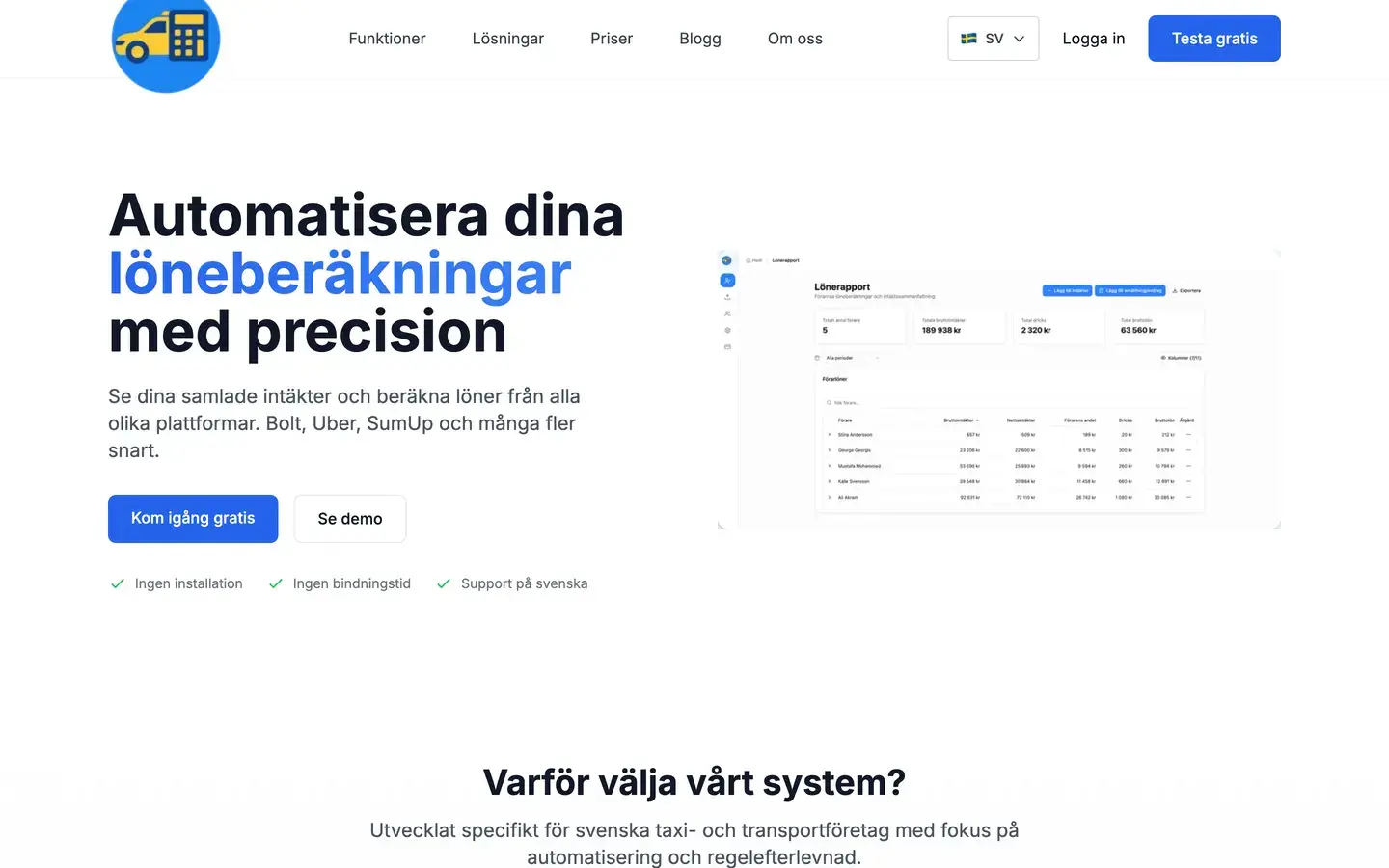 Startsidan för Taxi Administration i ett webbläsarfönster
