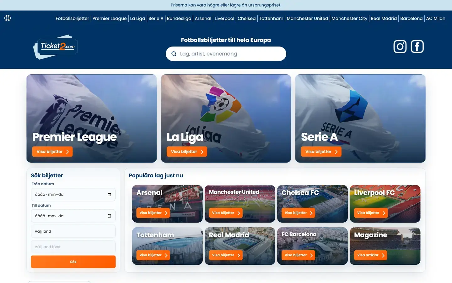 Startsidan för Ticket2.com i ett webbläsarfönster